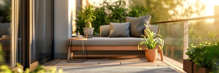 A balcony with a couch, a potted plant, and a vase