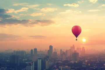 A single balloon drifting against a backdrop of a vibrant city skyline, embodying urban dreams.