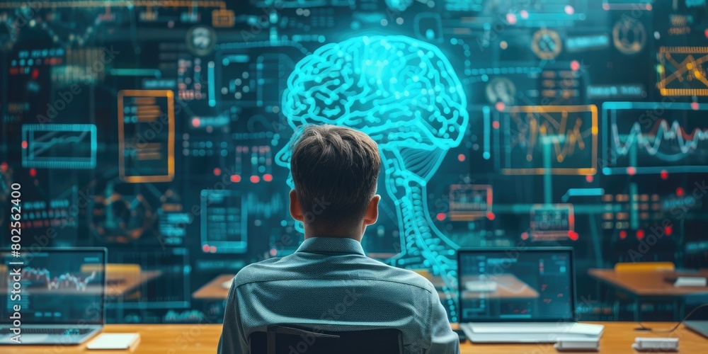 Poster skilled teacher teaching ai to diverse elementary student at digital classroom. smart multicultural 