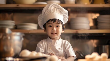 Portrait cute Asian child practice learning to make cakes in the kitchen like a chef. AI generated image