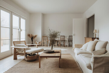 Fototapeta premium A living room with a white couch, a coffee table, and a few chairs