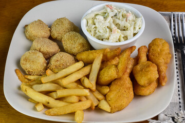baked  scallops, and shrimp served with fries