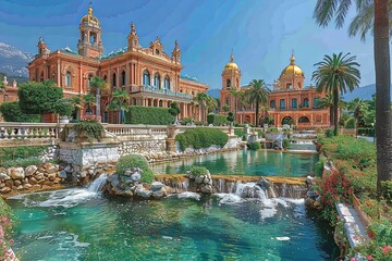 Naklejka premium Opulent Majestic Hotel Architecture: Golden Domes & Cascading Water Features