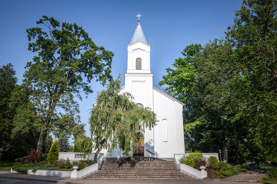 Panorama of the peterupe evangelical lutheran church in Saulkrasti, latvia. Also called peterupes evangeliski luteriska draudze, it's a protestant church, white color, from the latvian church.