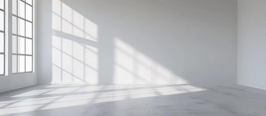 Fototapeta premium White studio background designed for product presentation, set in an empty gray room with window shadows and a blurred backdrop for showcasing products.