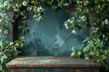 A wooden table adorned with flowers and leaves against a blue wall