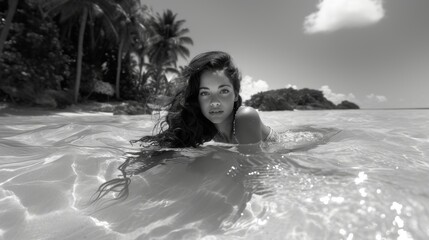 Fototapeta premium Beautiful Mermaid Lying in Tropical Sea Near Palm Trees in Black and White