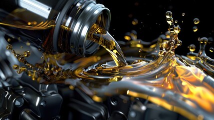 Illustration of Mechanic pouring motor oil with copy space on black background, car repair shop concept.Ai generated