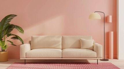 view from the front Peach lamp above the guest sofa,room interior design with pink background.Ai generated