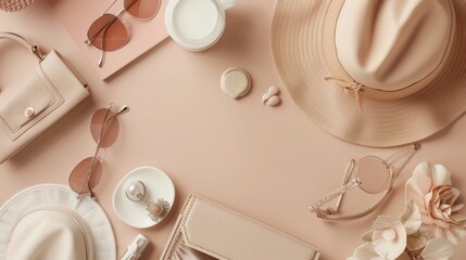 A close-up view of a set of women's accessories, glamorous clothing styled with a display on a table with a cream pastel background. online shopping sales concept.Ai generated