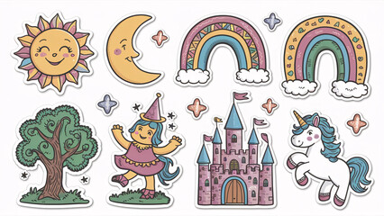 Set of themed stickers variety of characters and objects, unique color palette and design