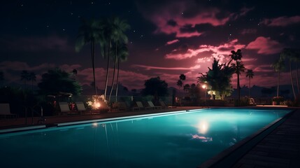 Twilight Serenity: Reflections of Tranquility and Elegance in the Enchanting Ambiance of the Poolside Under the Moonlit Sky