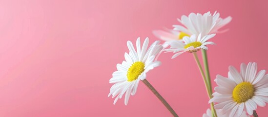 Charming chamomile daisy flower set against a soft pink backdrop. Simple floral theme with room for text. Artistic portrayal of a summer or spring scene.