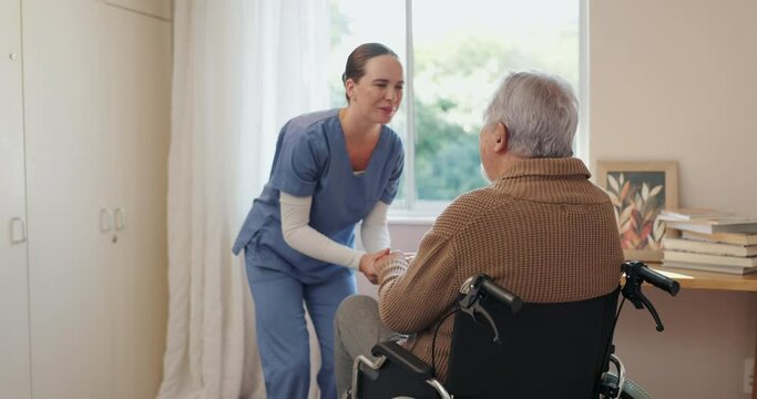 Senior man, nurse and wheelchair with patient for consultation, healthcare or advice at retirement home. Elderly male person with a disability talking to physiotherapist or medical caregiver at house