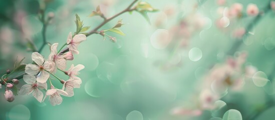 Spring weeping cherry blossom with a soft pastel green background in early spring. Titled header image with dimensions, captured intentionally with a shallow depth of field.