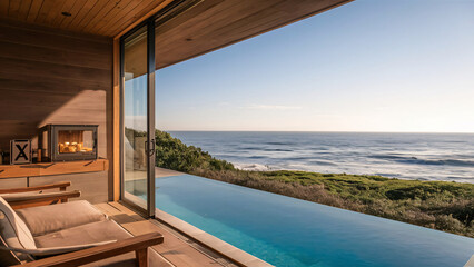 Fototapeta premium Beautiful sunset sea ​​view from the window of a modern house with stained glass windows background