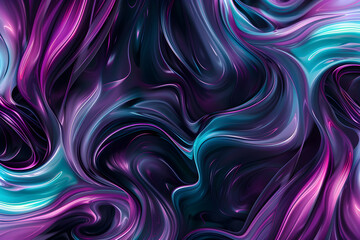 Neon swirls and waves in vibrant shades of purple and teal, creating a mesmerizing pattern. Abstract art on black background.