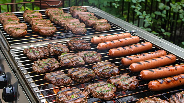 Grill Saison Design / Gro&szlig;er Grill mit Bratw&uuml;rsten, Hamburger, Steaks und Spare Ribs / Grillen Wallpaper / 