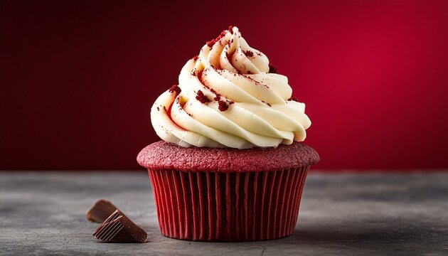 Red velvet cupcake with buttercream frosting in a dark plain red background
