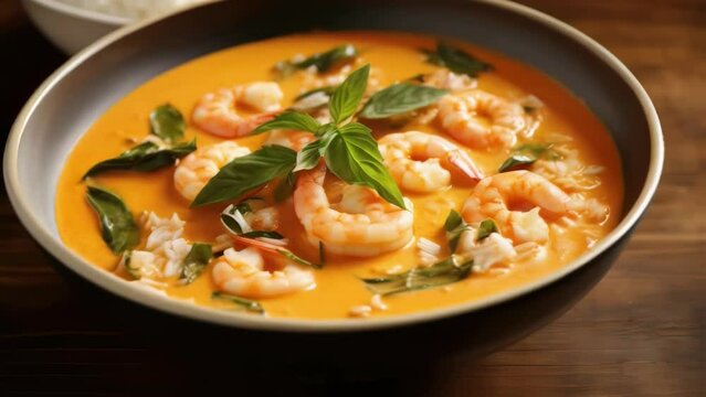A bowl of shrimp and rice soup with green herbs