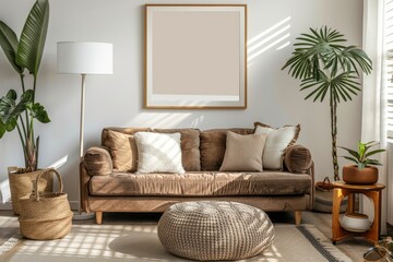 Warm and cozy interior of living room space with brown sofa, pouf, beige carpet, lamp, mock up poster frame, decoration, plant and coffee table. Cozy home decor. Template - generative ai