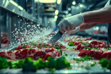 skilled butcher meticulously cuts up raw meat on a wooden cutting board.