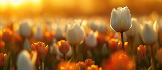 Stunning white tulip blooms in a tulip field, set against a backdrop of blurred tulip flowers in the warm glow of the setting sun.