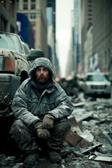 man sits on the ground next to a sleek car, contemplating the road ahead as he prepares to repair the vehicle after a recent accident.