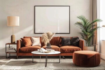 Warm and cozy interior of living room space with brown sofa, pouf, beige carpet, lamp, mock up poster frame, decoration, plant and coffee table. Cozy home decor. Template - generative ai