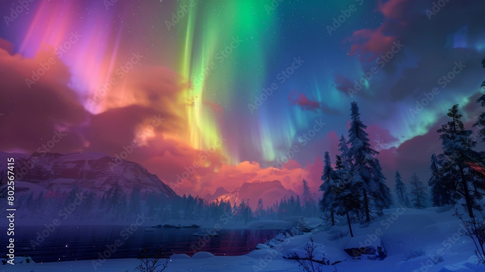 Poster the aurora borealis with its vibrant rainbow colors dancing across the sky weaving in and out of clo