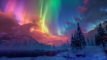 The aurora borealis with its vibrant rainbow colors dancing across the sky weaving in and out of clouds and creating an otherworldly . .