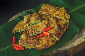 Homemade Indonesian Fried Pancake or Egg Martabak,  in close up view.