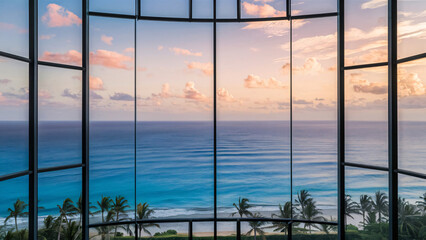 Beautiful sunset sea ​​view from the window of a modern house with stained glass windows background