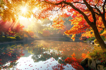 A serene pond surrounded by colorful autumn trees bathed in sunlight.