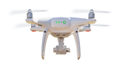 Isolated Rear View Drone Quadcopter UAV In Flight. Transparent PNG.