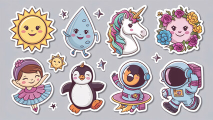 Set of themed stickers variety of characters and objects, unique color palette and design