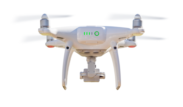 Isolated Rear View Drone Quadcopter UAV In Flight. Transparent PNG.