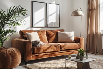 Warm and cozy interior of living room space with brown sofa, pouf, beige carpet, lamp, mock up poster frame, decoration, plant and coffee table. Cozy home decor. Template - generative ai