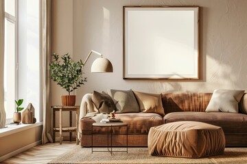 Warm and cozy interior of living room space with brown sofa, pouf, beige carpet, lamp, mock up poster frame, decoration, plant and coffee table. Cozy home decor. Template - generative ai