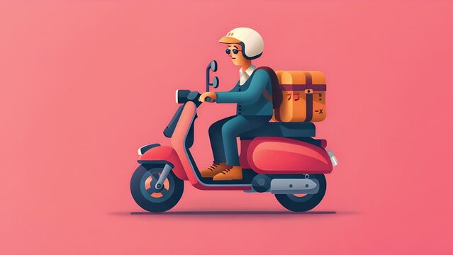 Icon of a delivery driver on a moped against a pink background.