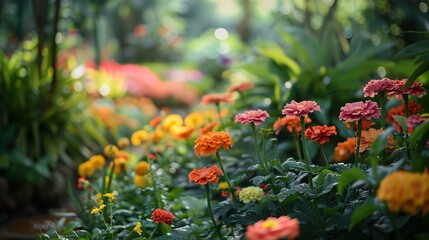 a garden filled with lots of different colored flowers and plants in it's center area
