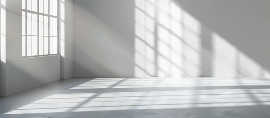 Obraz premium White studio background for displaying products, featuring a gray room with window shadows and a blurred backdrop for showcasing items.