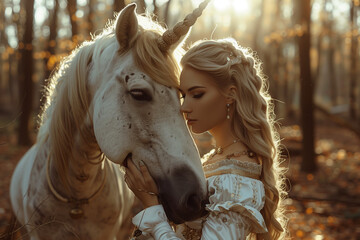 Medieval Princess or Queen with Unicorn in an Enchanted Forest