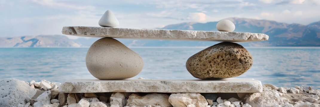 a stone balancer with two rocks on top of it near the water and mountains in the background