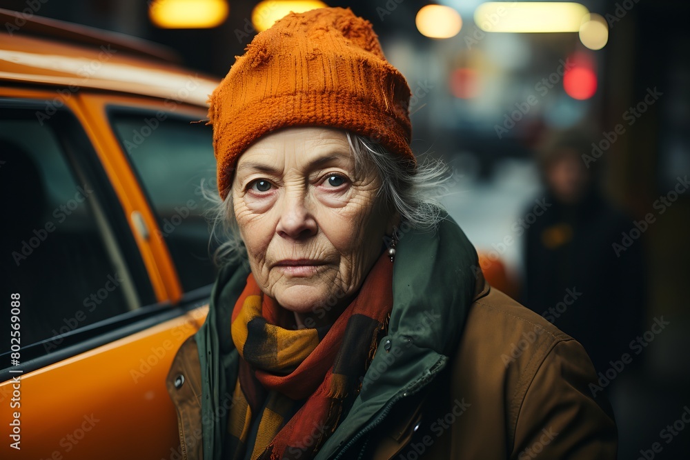 Wall mural an old woman wearing a hat and scarf standing next to a car in a city at night time