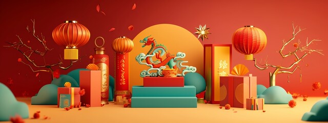 a red room with a dragon statue and lanterns on the wall and a tree with red leaves on the ground..