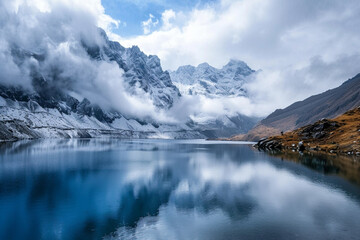 A serene lake surrounded by snow-capped mountains