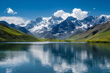 Fototapeta premium A serene lake surrounded by snow-capped mountains
