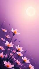 a painting of a bunch of flowers in the sun with a purple background and a full moon in the sky..