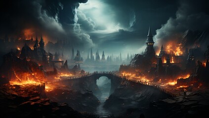 a fantasy scene with a bridge over a river and a castle in the distance